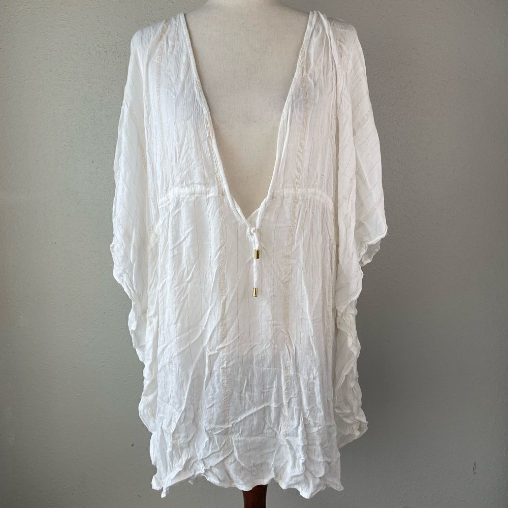 NWT Blue Rod Beattie White Sheer and Gold Metalllic Swim Coverup Size L